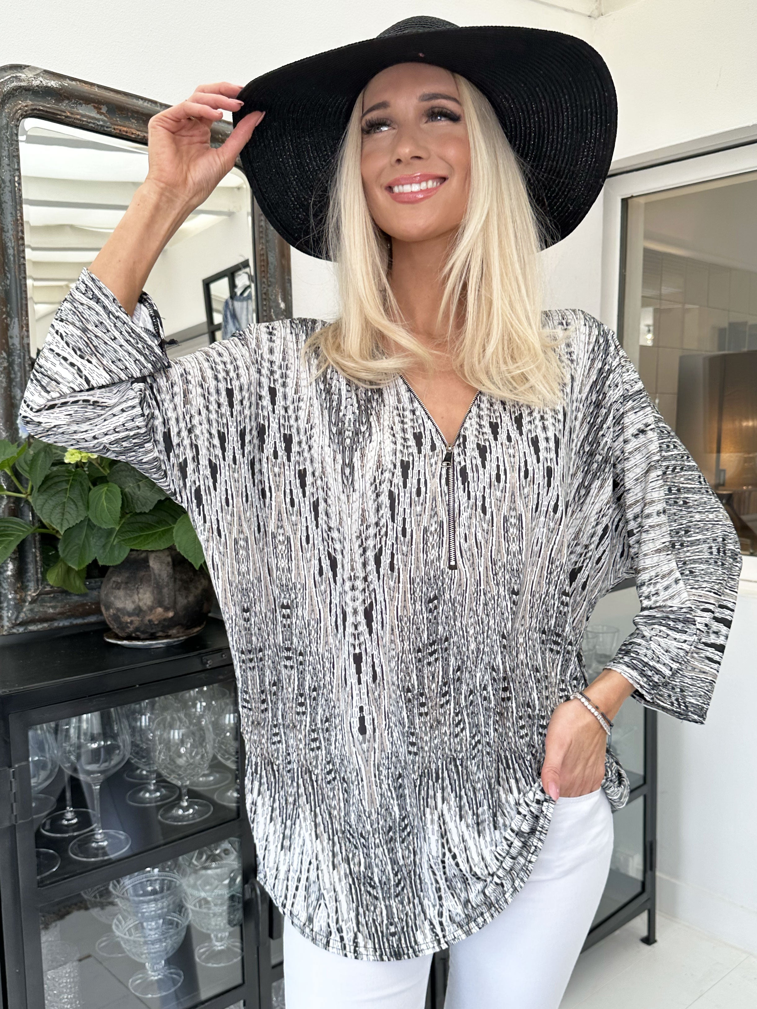 Celia Stripe - Söt tunika i elastiskt tyg med dragkedja - Turquoise